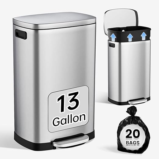 ELPHECO Kitchen Trash Can with Lid Soft Close,13 Gallon / 50L Stainless Steel Pedal Garbage Can, Heavy-Duty Fingerprint Proof Step Wastebasket with 20 Bags, Removable Bucket, Home Office, Silver by ELPHECOUSA
