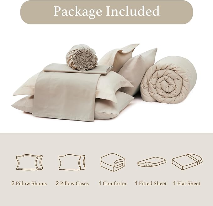 Monbix Queen Comforter Set - 7 Pieces Beige Bed in a Bag Queen Bedding Sets with Comforters, All Seasons Comforter Bed Set with Sheets, Pillowcases & Shams