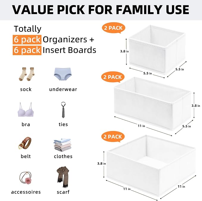 Criusia Drawer Organizer Clothes 6 Pack White- Dresser Organizer Bins for Closet Bedroom - Baby Clothes Organizers and Storage for Nursery Organization -Sock Underwear Drawer Organizer Divider - Image 2