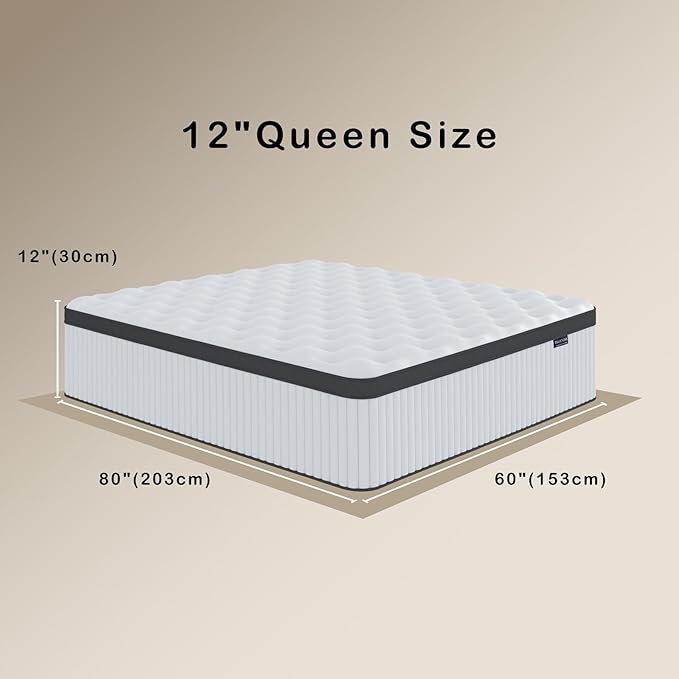 Queen Mattress, 12 Inch Queen Size Hybrid Mattresses with Memory Foam and Individual Pocket Spring for Motion Isolation, Pressure Relief, Medium Firm Mattress in a Box, 60 * 80 * 12