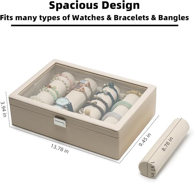 Bracelets Organizer Rods Bangles Display Holder, Clear See through Lid Leather Velvet Jewelry Storage Box Case for Women, 4 Rods Apricot Leather - Image 2