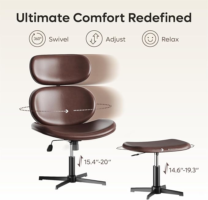 Bestier Swivel Modern Chair with Ottoman No Wheels, PU Criss Cross Reading Chair with Extended Headrest & Adjustable Seat, Modern Armless Ergonomic Chair for Living Room, Dark Brown