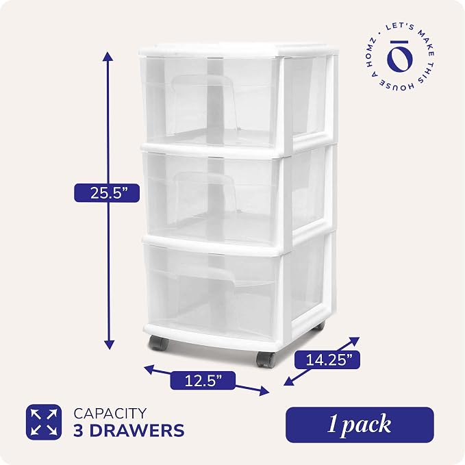 HOMZ Drawer Tower, 3-Tier Rolling Storage Cart with Removable Wheels, White Frame – Plastic Organizer with Clear Bin Drawers for Bedroom, Bathroom, Home Office, and Dorm Room - Image 3