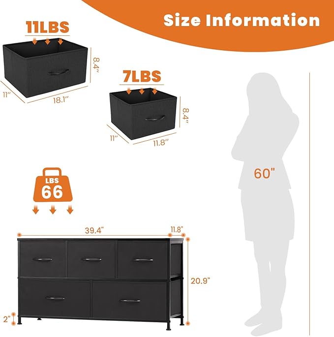 Sweetcrispy Dresser for Bedroom with 5 Storage Drawers, Fabric Storage Tower Organizer, Chest of Drawers with Metal Frame Wooden Top for Closet, Living Room, Entryway, Black