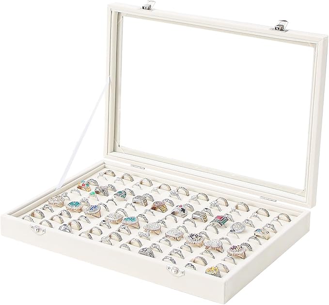 Coward Ring Organizer Jewelry Box, Beige Velvet 100 Slots Ring Display Tray Case with Transparent Glass Lid for Home Use or Store Selling Show by FocusOnJewelryDisplay15yrs