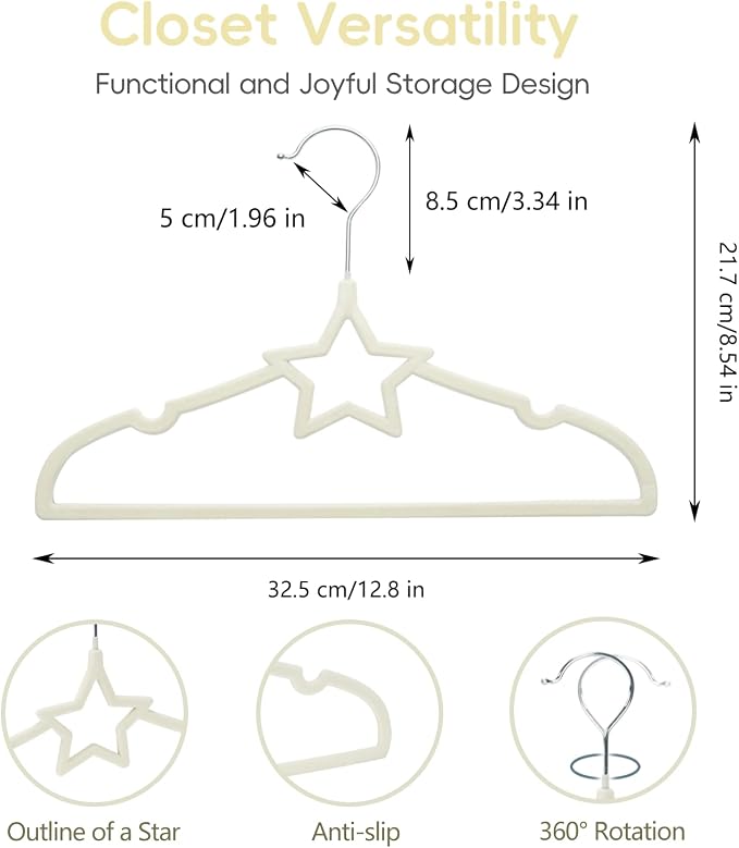 GoodtoU 50 Pack Velvet Baby Hangers, 12.8 Inch Non-Slip Toddler Clothes Hangers, for Infant Coats, Dresses & Pants, White - Star - Image 2