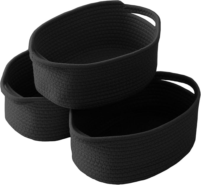 JMvicyroam Woven Basket,Small Rope Storage Bin with Handles & Ribbon Bag, Organizer for Shelves Closets,Gift Basket Empty for Birthday,Books,Dog Toys, Black/3 Pack by JMvicyroam