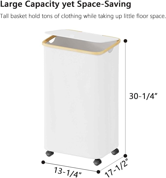 SUOCO Laundry Hamper on Wheels 100L, Clothes Basket with Lid and Bamboo Handles, Foldable Laundry Hamper for Bedroom, Bathroom, Dorm, Laundry Room - White - Image 5