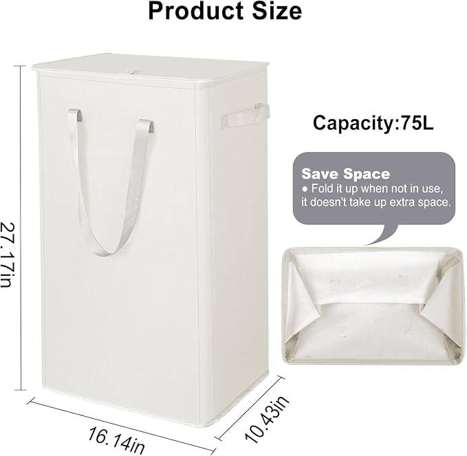 Odonata 75L Slim Laundry Hamper with Lid,Large Foldable Laundry Basket with Removable Bag and Handles Tall Collapsible Dirty Clothes Basket Great for Bedroom, Bathroom, Dorm, College,RV. (Beige, 75L) - Image 2