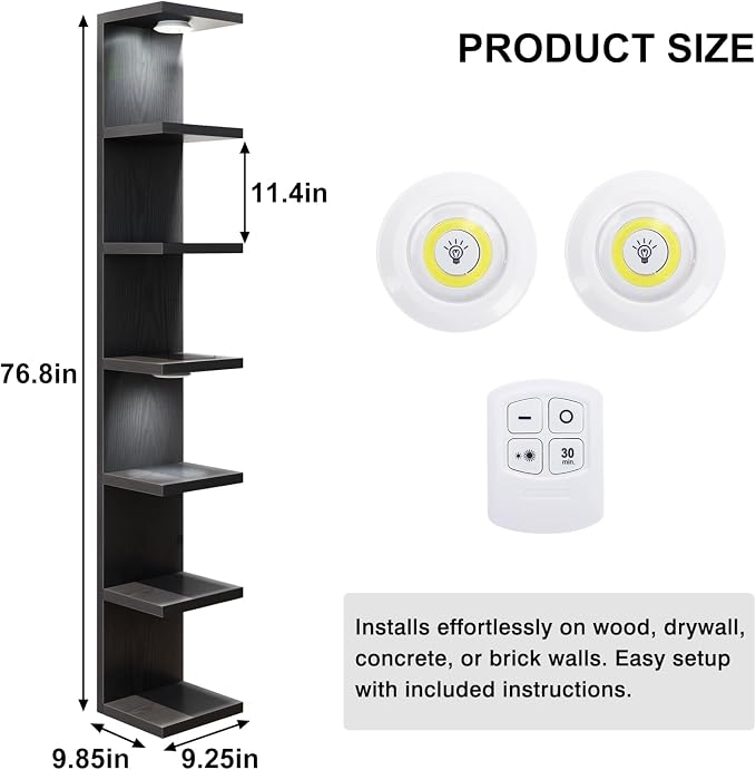 Fixwal Black Shelves 7 Tier Wall Mounted Shelf Unit Floating Shelves with LED Lights Lack Wall Shelf for Home Decor Organizer Display - Image 3