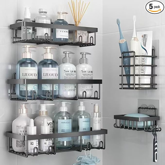 Liuoud 5 Pack Shower Caddy Organizer Rack Shelf for Inside Shower, Self Adhesive Bathroom Wall Storage Basket Rustproof Stainless Steel Large Capacity Shampoo Holder, Dark Grey by Liuoud