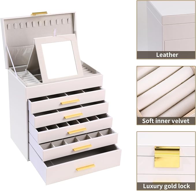 BOOVO Jewelry Boxes for Women, White and Black 6 Layer Large Jewelry Box for Necklace, Bracelet, Earrings, Rings Storage, Jewelry holder Organizer for Girls Gift (White and Gold, 6 layer) - Image 2