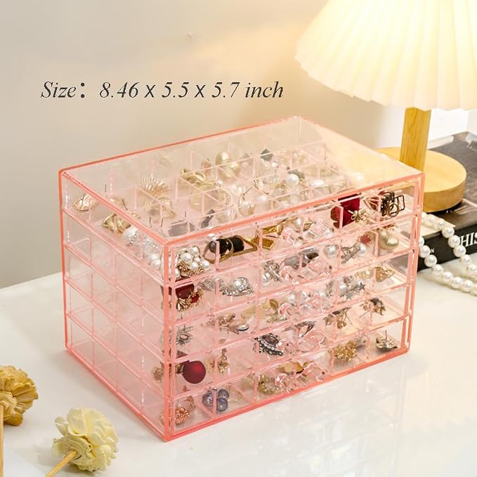 YUFONG Earring Storage Box Organizer, Acrylic Jewelry Storage Box Holder 5 Drawers Transparent Jewelry Display Stand with 120 Small Compartments Gift Boxes for Women Girls (Clear Pink) - Image 7