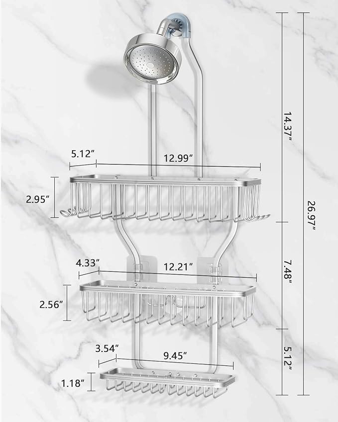 Shower Caddy Hanging - Never Rust Shower Hanging Organizer - Aluminum Over the ShowerHead Caddy with 6 Hooks for Razor/Sponge (Silver) - Image 2