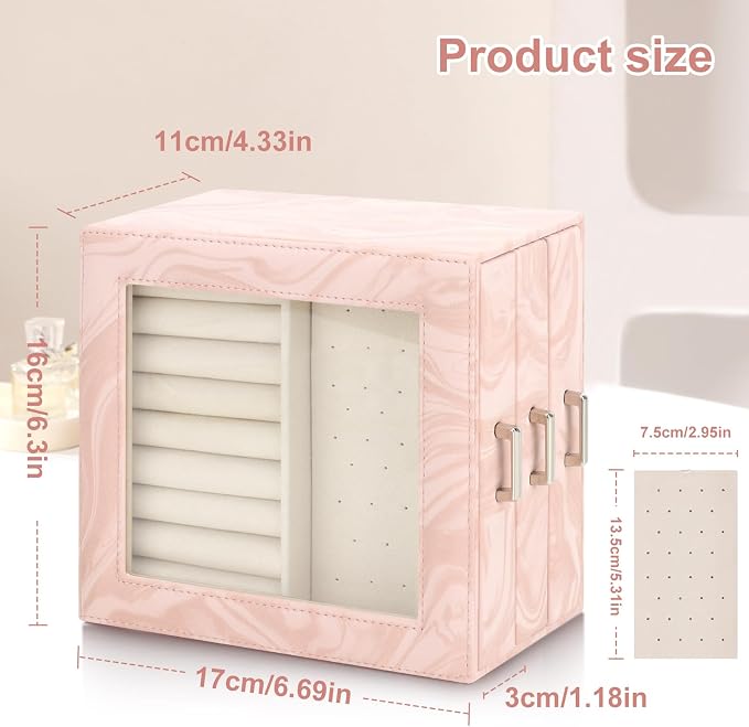 DesignSter Jewelry Box Organizer, Jewelry Box for Women, PU Jewelry Organizer Display Case with Side Drawers, Jewelry Storage for Earring Necklace Ring Bracelet Watch - Image 3