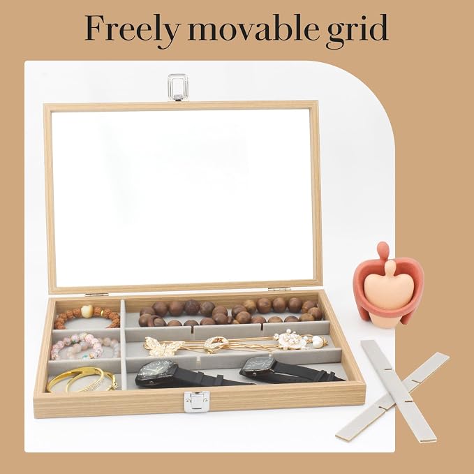 KOOAAICCHI Jewelry Organizer Tray 12 Grid Velvet Jewelry Storage Box with Clear Lid Jewelry Display Case with Lock Bracelet Earring Ring Organizer Showcase Gifts for Girls Women-12 Grid Wooden Beige - Image 4