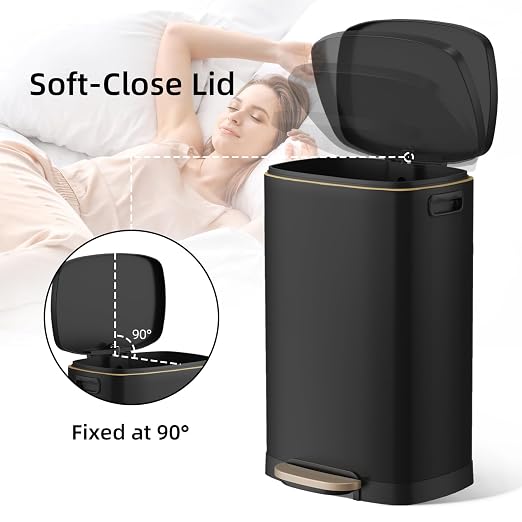 KUK 13 Gallon Kitchen Trash Can with Lid, 50L/13Gal Office Step Garbage Can for Home, Kitchen, Laundry Room, Office, Brushed Stainless Steel, Black - Image 3
