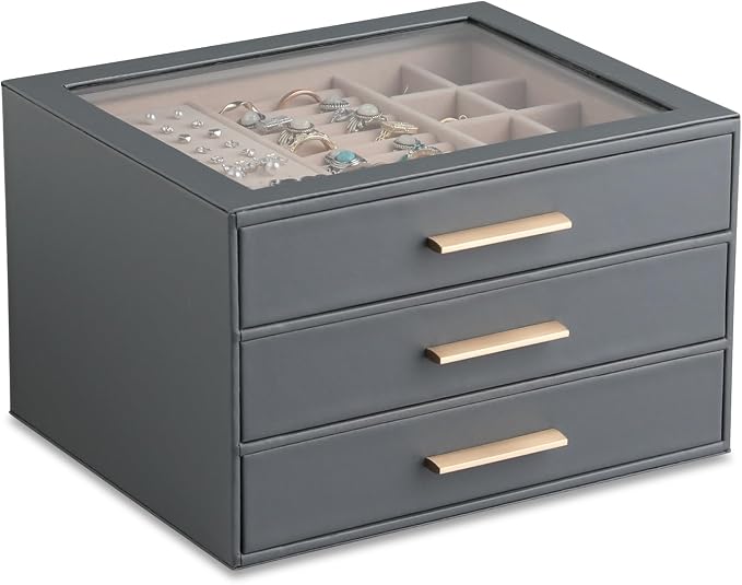 Frebeauty Clear Lid Jewelry Box,3-Layer Jewelry Organizer with Drawer,PU Leather Jewelry Organizers and Storage,Jewelry Boxes for Women,Jewelry Storage for Rings Earring Stud,Gift for Women(Grey) by Frebeauty
