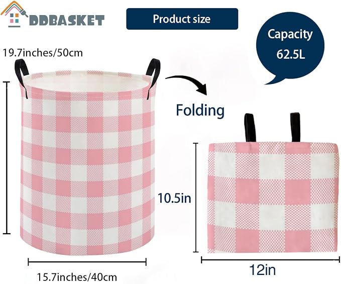 Kids Laundry Basket Pink Hamper for Nursery Girls Hamper Cute Kids Storage Bin Organizer Room Decor for Home(Pink Grid) - Image 2
