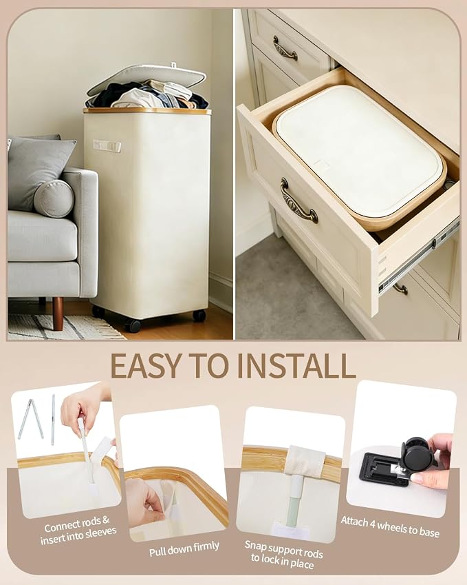 Laundry Hamper with Wheels, 75L Large Clothes Hamper with Removable Inner Bag, Collapsible Dirty Clothes Basket for Dorm, Rolling Dirty Clothes Basket for, Bedroom, Bathroom, Laundry Room - Image 5