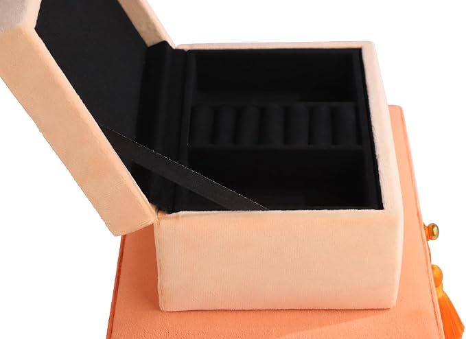HofferRuffer Velvet Jewelry Boxes Decorative Boxes, Storage Accessory Organizer Boxes with Elegant Handle Decor, Classic Velvet Set of 2 Pieces (Orange) - Image 7