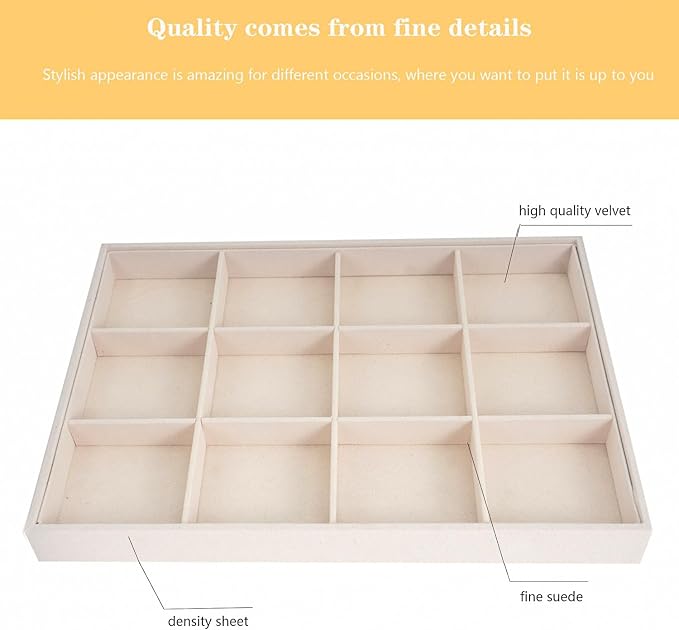 Large Velvet Jewelry Tray, Drawer Organizer for Jewelry in Dresser, Stackable Jewelry Drawer Organizer Inserts for Earring Necklace Bracelet Rings(Beige,12grid) - Image 2