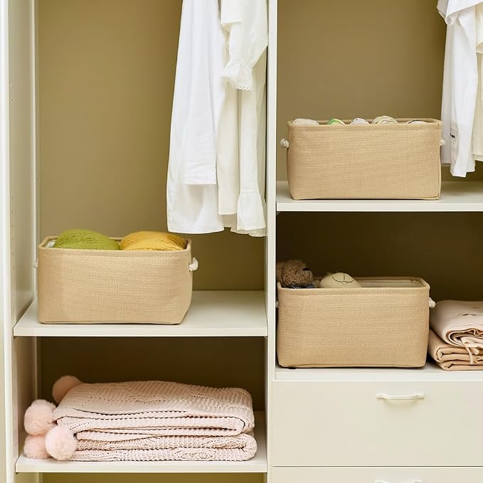 TheWarmHome Storage Bins for Shelves - Medium 3Pack 13.8L*9.8W*6.7H inch Canves Storage Basket for Organizing, Fabric Storage with Handles for Clothes Baby Dog Toys(Beige) - Image 4