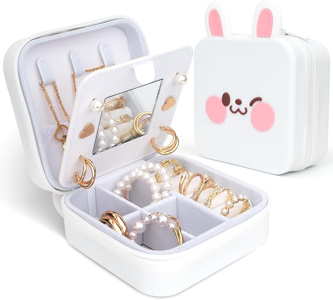 Cute Bunny Travel Jewelry Case with Mirror, Silicone Portable Small Mini Jewelry Organizer Box for Women Girls Mom, Wedding, Birthday Gift - White by TiZUXA