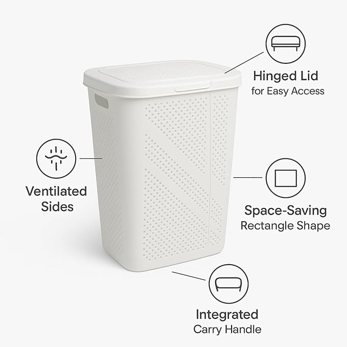 Slim Laundry Hamper with Lid, 60L Clothes Basket, Plastic laundry basket,for Home Storage Clothes Organizer, Laundry Room, College Dorm White - Image 5