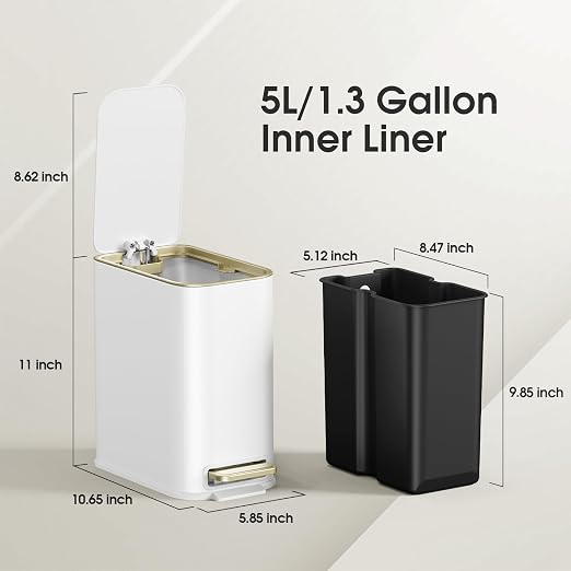Small Bathroom Trash Can with Lid Soft Close, 5L / 1.3 Gallon Slim Garbage Can with Removable Inner Bucket, Step Stainless Steel Trash Bin for Office, Bathrooms, Bedroom, Living Room (White) - Image 3