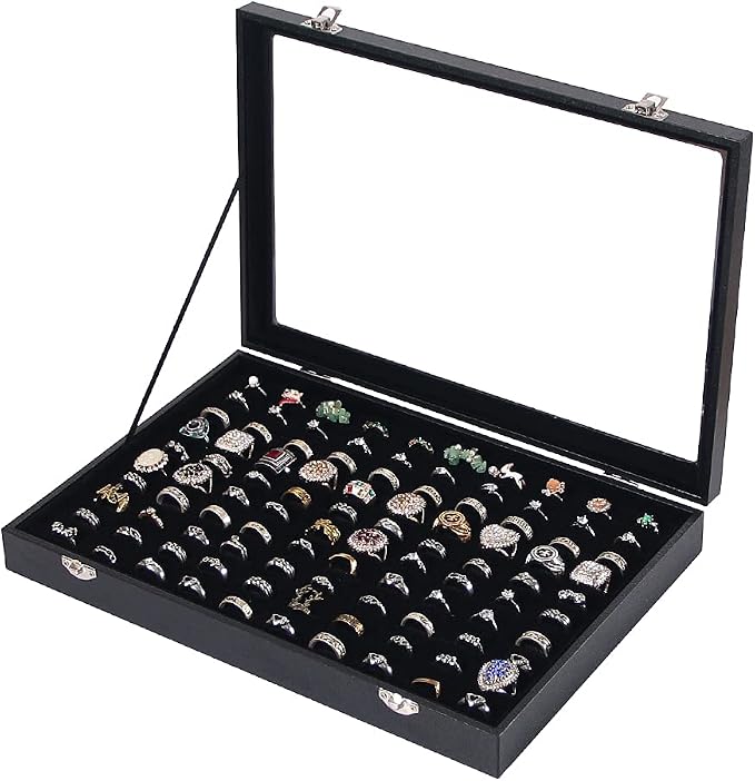 Ring Holder Organizer Box, Jewelry Display Case, Earring Necklace Storage Tray With Top Glass Lid (Black, 100 Slots) by Ausalivan