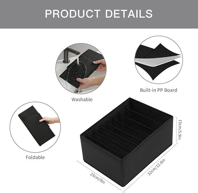 Qozary 4 Pack Drawer Organizers for Clothing, 8 Grids Foldable Closet Organizers and Storage Bins for Bedroom, Dresser Organizer Boxes for Thin T-shirts, Tank Tops (Black, Upgrade Height) - Image 5
