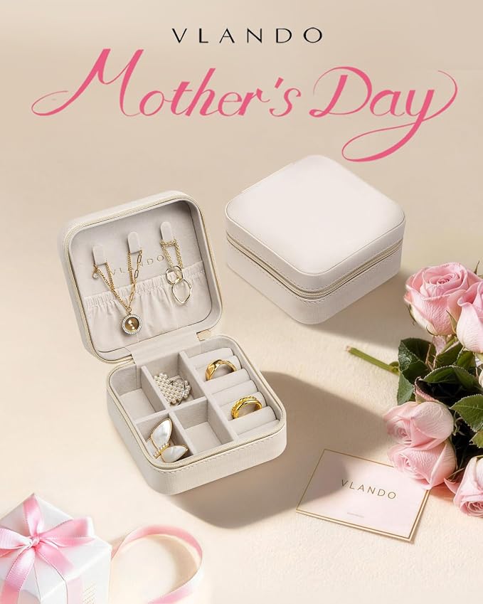 VLANDO Wedding Bridesmaid Gifts - Mothers Day Gifts - Small Jewelry Travel Organizer, Travel Jewelry Case for Ring, Earring, Necklace, Bracelet - Milky White - Image 2