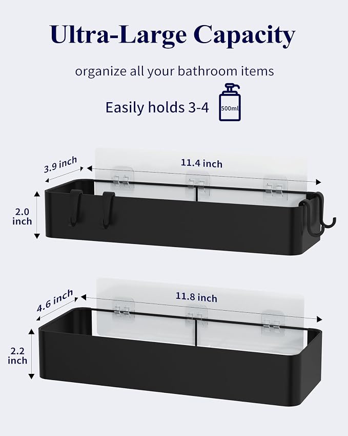 Kitsure Shower Caddy - 2 Pack Adhesive Shower Organizer, Rustproof Metal Shelves, No-Drill Bathroom Organizers and Storage, Black, Large - Image 4
