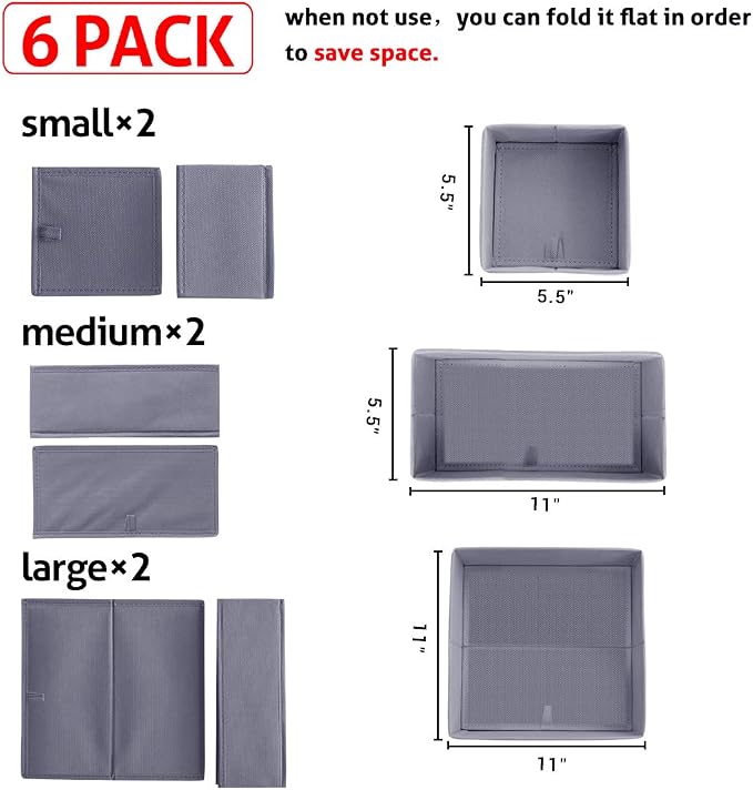 homyfort Dresser Drawer Organizer, Foldable Cloth Storage Box Closet Cube Basket Bins Containers Divider with Drawers for Underwear, Bras, Socks, Ties, Scarves, Set of 6, Grey - Image 2
