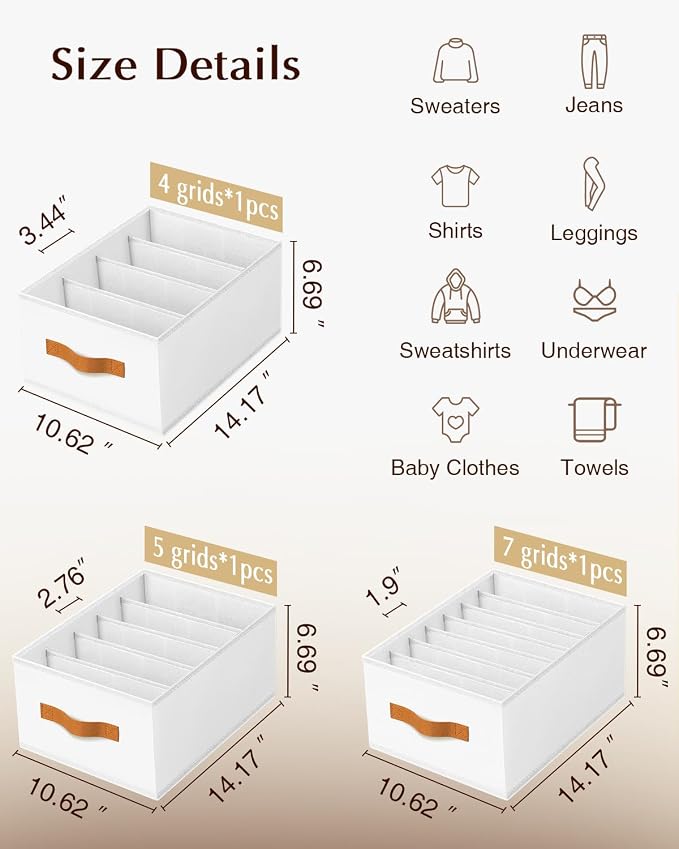 Homsorout Clothes Organizers and Storage - 4/5/7 Grids Fabric Jeans Organizer with Handles, Foldable Closet Organizers Dividers, Wardrobe organizer for Pant, Sweater, T-shirt, Scarf, 3 Pack, White - Image 7