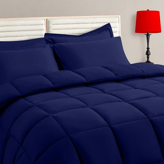TAIMIT Navy Queen Size Comforter Set - 7 Pieces, Bed in a Bag Bedding Sets with All Season Soft Quilted Warm Fluffy Reversible Comforter,Flat Sheet,Fitted Sheet,2 Pillow Shams,2 Pillowcases
