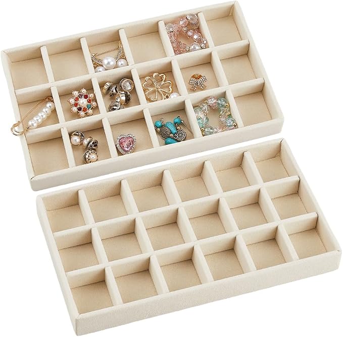 2Pcs 5 x 8.3 Inch Jewelry Box Tray Velvet Jewelry Drawer Insert Antique White 18 Grids Divided Stackable Necklace Storage Container Dresser Drawer Case for Earring Rings Display Showcase - Image 7