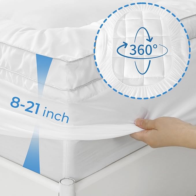 YUGYVOB Queen Mattress Topper -800GSM Extra Thick Cooling & Breathable Mattress Pad with Deep Pocket 8"-21" & Soft Down Alternative Filling, White