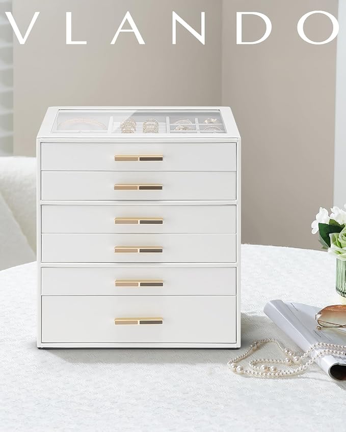 VLANDO 6 Layer Jewelry Box for Women, Glass Lid Jewelry Organizer with 6 Drawers for Necklaces Rings Earrings Bracelets - White - Image 7