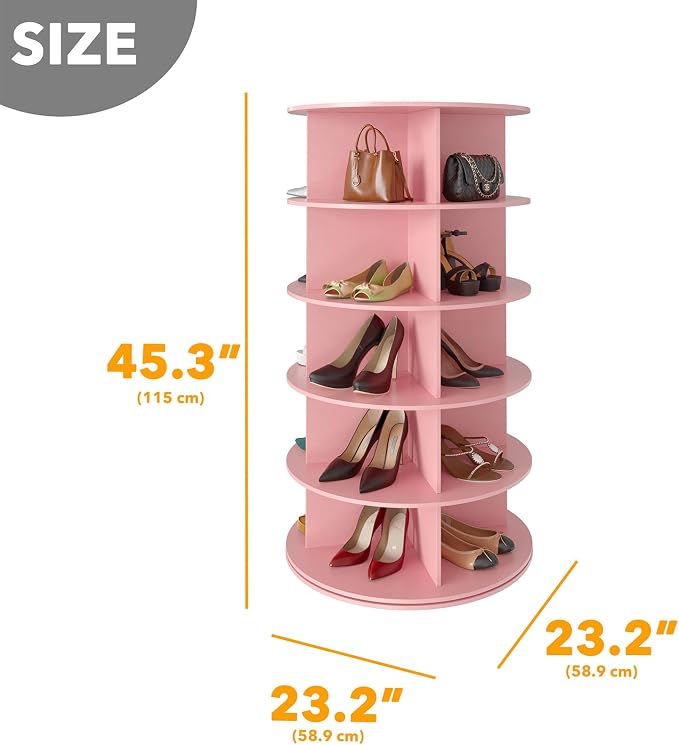 SpaceAid 5 Tier Rotating Shoe Rack Tower, Spinning Shoe Display Lazy Susan, Revolving 360 Shoe Rack Storage Round Carousel, Vertical Handbag Rotate Shoes Closet Organization (5-Tier Pink) - Image 2