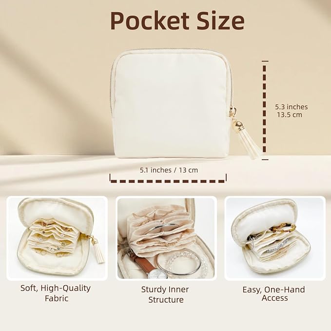 Mini Travel Jewelry Case, Small Jewelry Organizer, Jewelry Travel Case for Women, Portable Travel Jewelry Organizer Bag, Travel Jewelry Box – 5.3 × 5.1 inches (Ivory) - Image 4