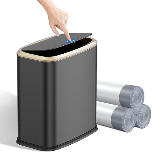 2.1 Gallon Bathroom Trash Can with Lid Press Top, 8 Liter Stainless Steel Garbage Can with Press Type Lid, Slim Trash Bin Waste Basket for Toilet, Office, Bedroom (Titanium Black) by KHMMGK
