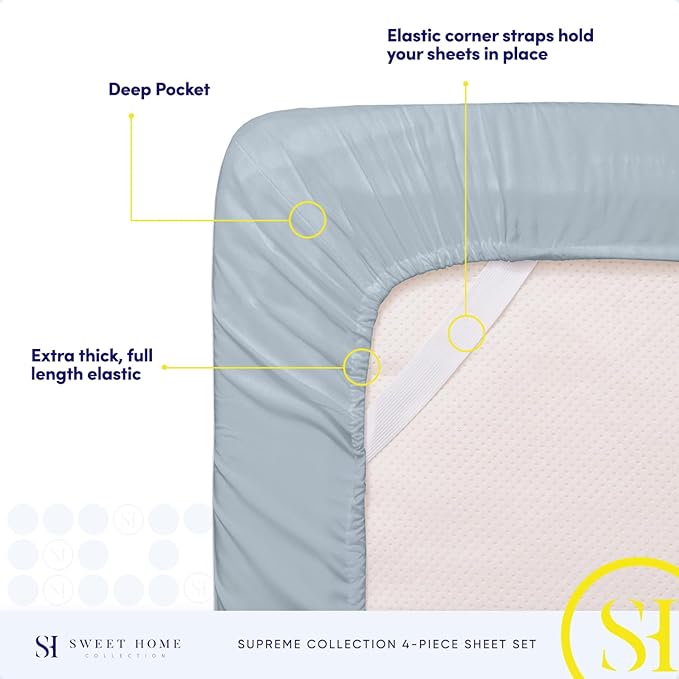 1800 Supreme Collection - Breathable Luxury Full Size Sheet Set with Full Elastic & Secure Corner Straps Built In, Extra Soft Deep Pocket Bedding, Misty Blue