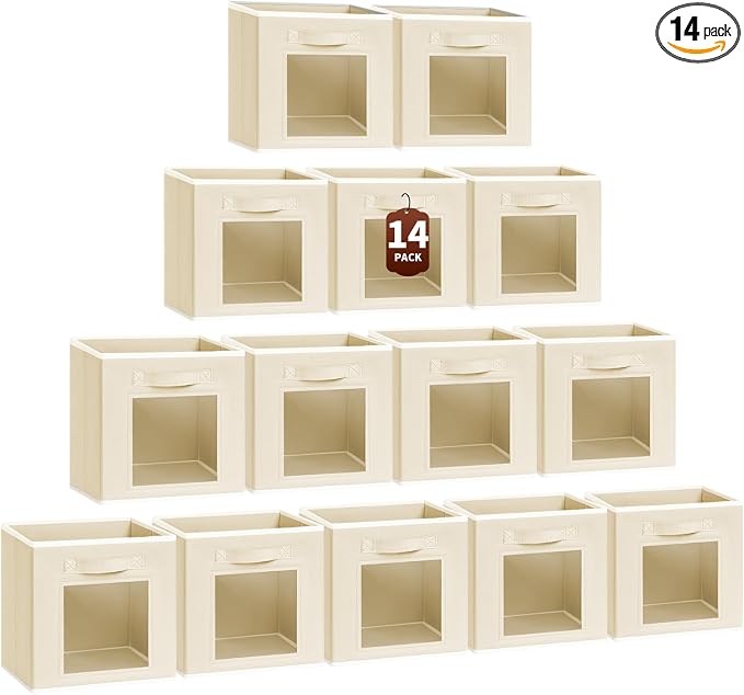 Homsorout Storage Cube 11 Inch - Cube Storage Bins with Window, Closet Storage Baskets with Handle, Fabric Bins for Closet, Shelves, Toys, Clothes, Set of 14, Beige by Homsorout