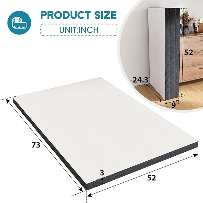 3 inch Folding Mattress Tri Fold Memory Foam Mattress Topper Portable Foldable Mattress Topper with Washable Cover Non-Slip Bottom for Camping, Guest, Floor RV, CertiPUR-US Certified, Full