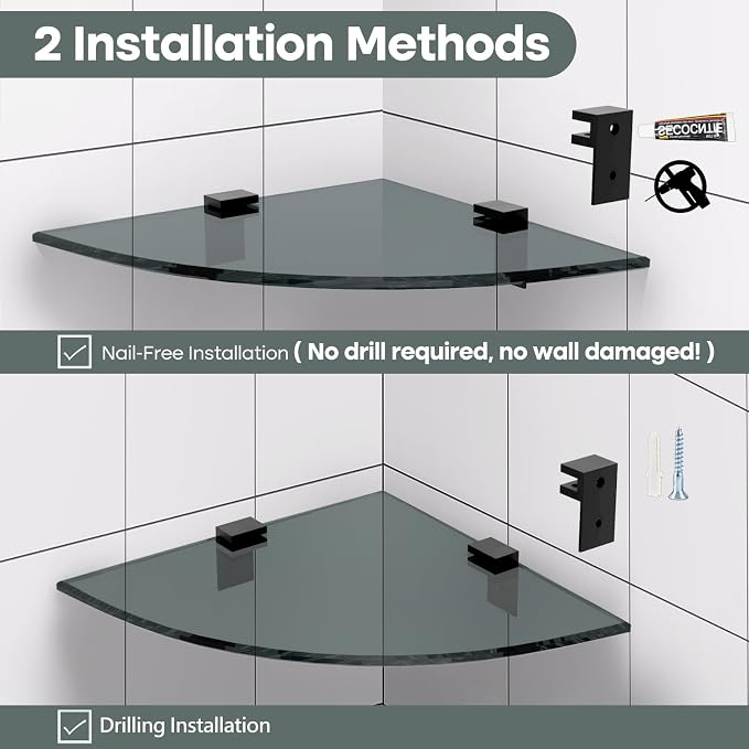 Bakzon 2-Pack Glass Shelf Shower Caddie, Shower Shelves for Inside Shower, Drilling Free Adhesive Wall Mounted Bathroom Organizer Shelves with Aluminium Brackets, Black - Image 4