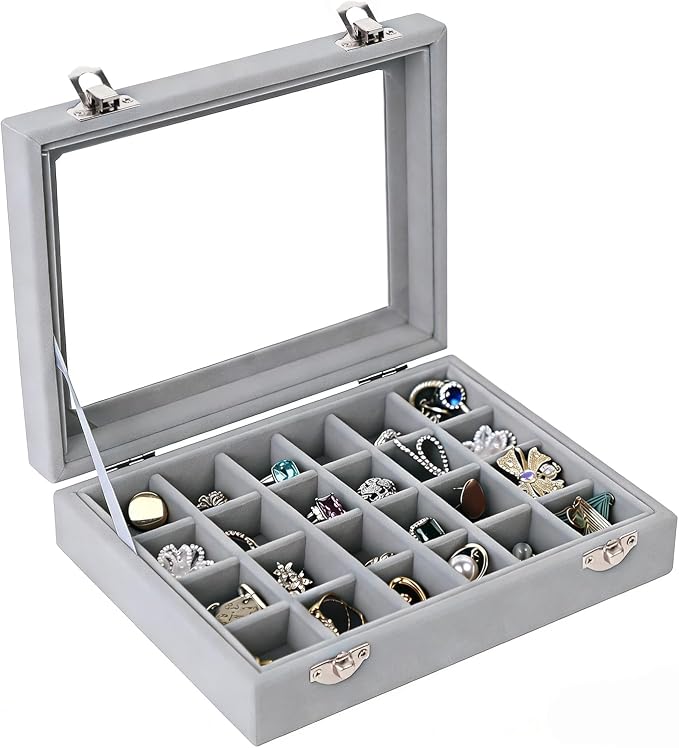 Velvet Jewelry Box 24 Grid Jewelry Earrings Display Organiser Box Ring Tray Holder Earrings Storage Case for Girls Women Wife Mom (Gray) - Image 3