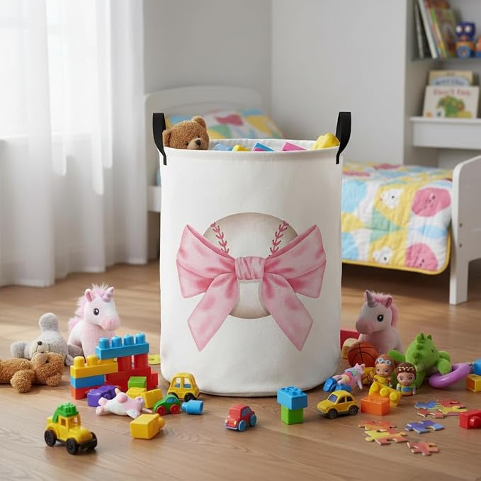 Baby Laundry Basket Baby Nursery Hamper Kids Laundry Basket Toy Storage Bin for Boys Room Decor Gift Baskets for Bedroom Bathroom(Bowknot Baseball) - Image 3