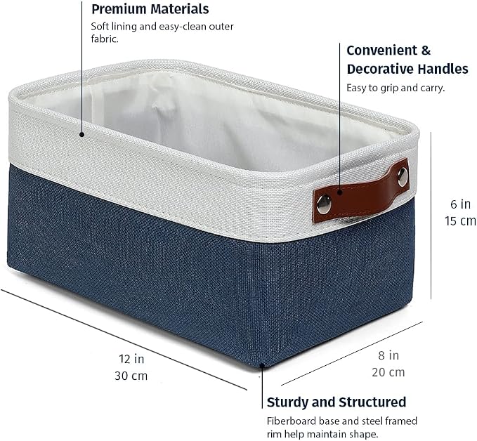 OrganiHaus Small Fabric Storage Baskets 3 Pack, 12x8in Cloth Storage Bins for Shelves, Small Baskets for Organizing Pantry Closet, Canvas Shelf Baskets, Navy Blue/Off-White - Image 2